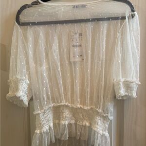 Zara Sheer White Polka Dot Blouse